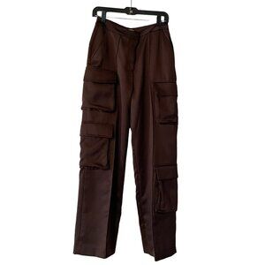 HOUSE OF CB Chocolate Brown Daria Satin Cargo Trousers Size Medium Long